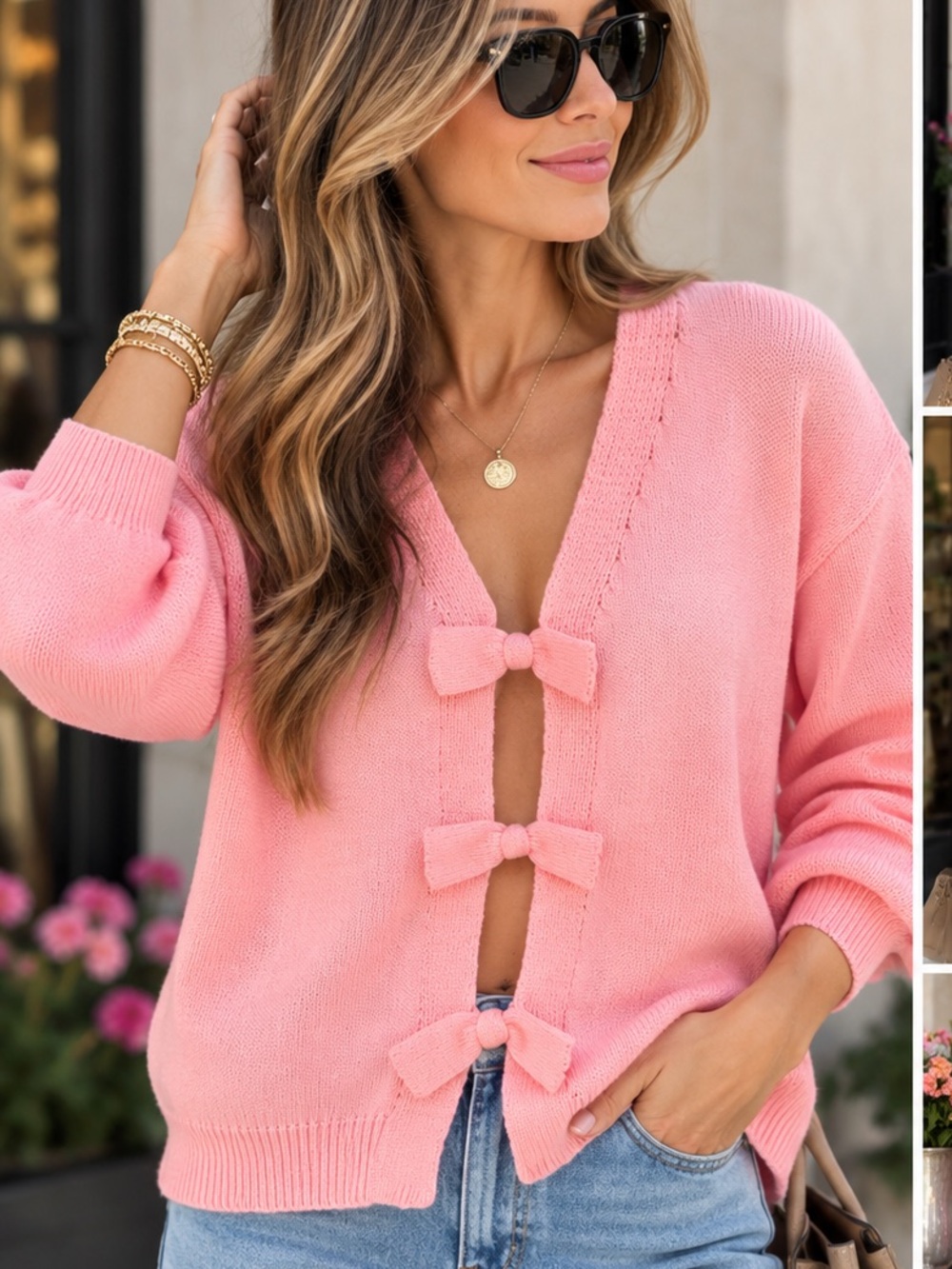 ShopEvelynne Pink V-Neck Bow-Tie Front Sweater Cardigan